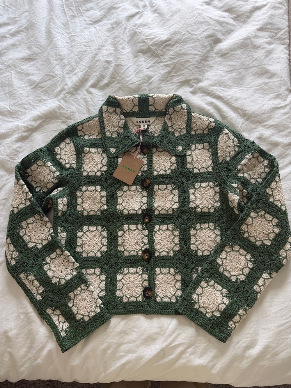 Boden Green and Cream Crochet Jacket